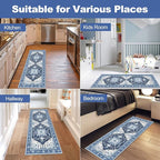 Yamaziot Washable Runner Rug, 2x5 Non-Slip Boho Vintage Hallway Rug Runner with Rubber Backing, Stain Resistant & Low Pile Faux Wool Distressed Carpet Runner for Kitchen, Laundry, Entrance, Blue