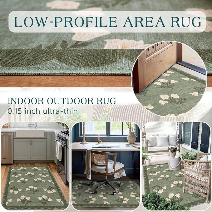 Othilic 3x5 Floral Entry Rug - Small Washable Indoor Outdoor Mats for Front Door Non-Slip Spring Porch Rug Sage Green Farmhouse Throw Rugs for Living Room Bedroom Entryway Kitchen Office Porch Decor