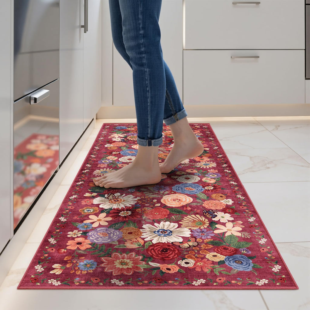 Babovid Red Floral Hallway Runner Rug 2x5 for Bedroom Kitchen