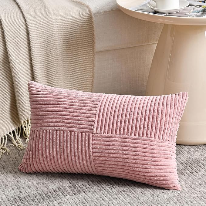 Fancy Homi 2 Packs Blush Pink Lumbar Decorative Throw Pillow Covers 16x26 Inch for Living Room Couch Bed, Rustic Farmhouse Boho Home Decor, Soft Striped Corduroy Rectangle Accent Cushion Case 65x40 cm