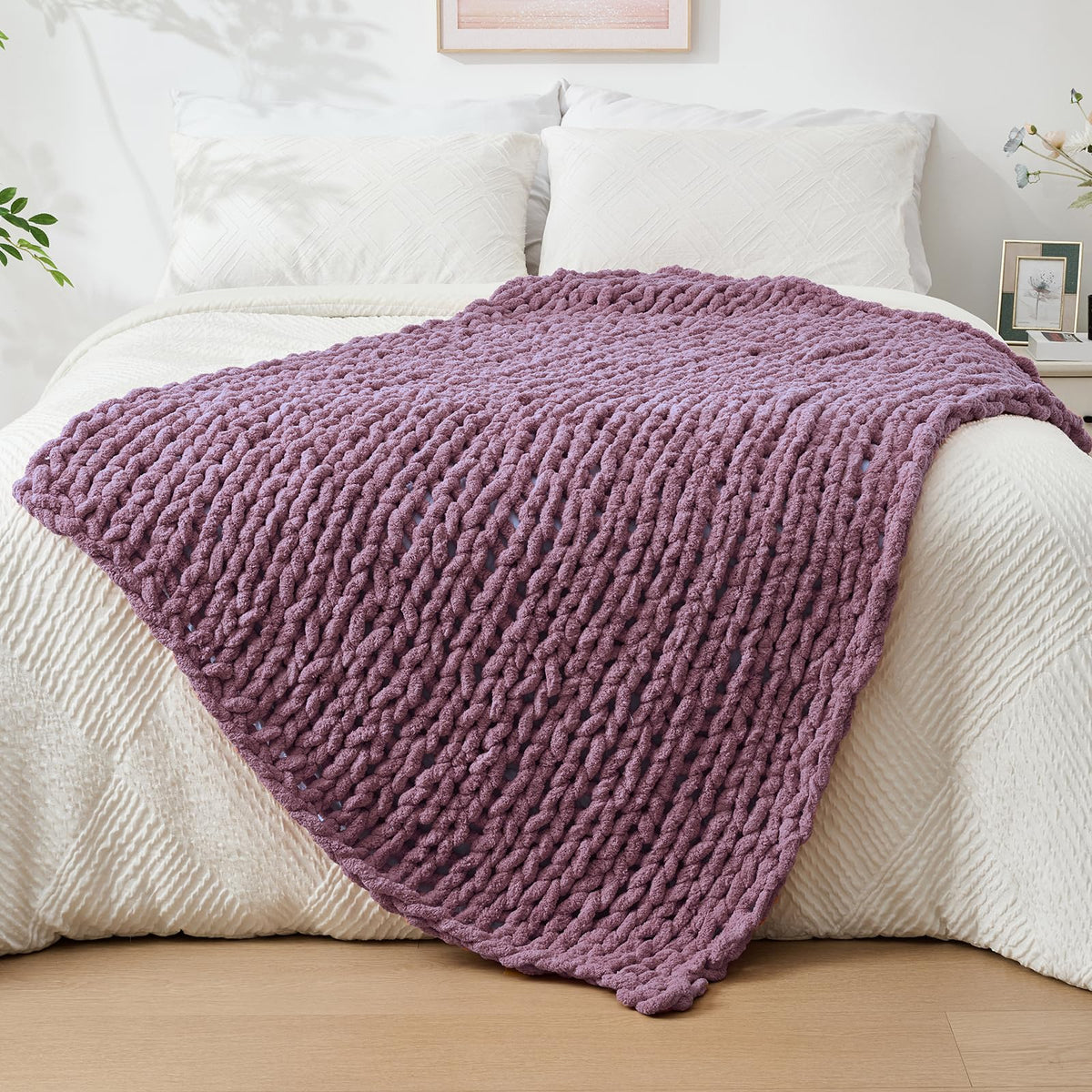 Bigacogo Chunky Knit Throw Blanket for Couch, 40x60 inches, Light Grey