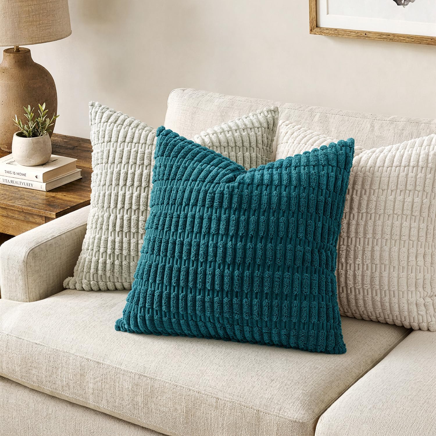 MIULEE Corduroy Decorative Throw Pillow Covers 20x20 Teal Pack of 2