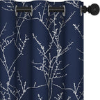 Deconovo Blackout Curtains, Navy Blue Curtain, Thermal Insulated Soundproof Drapes, Branch Silver Print, 42 x 84 Inch Long, Machine Washable Grommet Panels for Bedroom Living Room Office, Set of 2