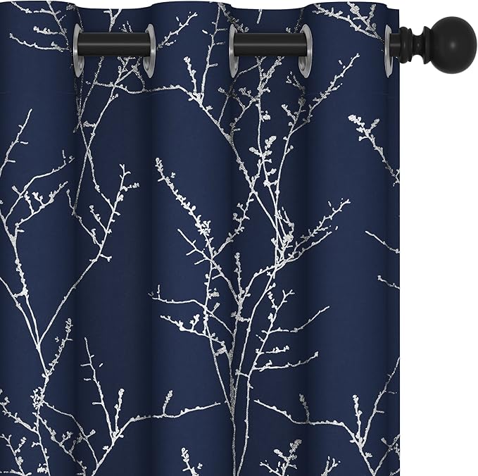 Deconovo Blackout Curtains, Navy Blue Curtain, Thermal Insulated Soundproof Drapes, Branch Silver Print, 42 x 63 Inch Long, Machine Washable Grommet Panels for Bedroom Living Room Office, Set of 2