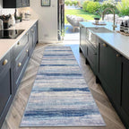 KOZYFLY 3x10 Ft Rug Modern Ombre Runner Rug for Hallway, Washable Kitchen Rugs Non-Slip Soft Striped Entryway Rug, Print Blue/Grey/Beige Abstract Carpet for Laundry Nursery