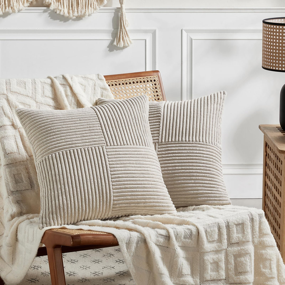 Fancy Homi 2 Packs Dark Gray Samll Decorative Throw Pillow Covers 12x12 Inch with for Couch Bed Sofa, Rustic Farmhouse Boho Home Decor, Soft Corss Patchwork Corduroy Square Cushion Case 30x30 cm