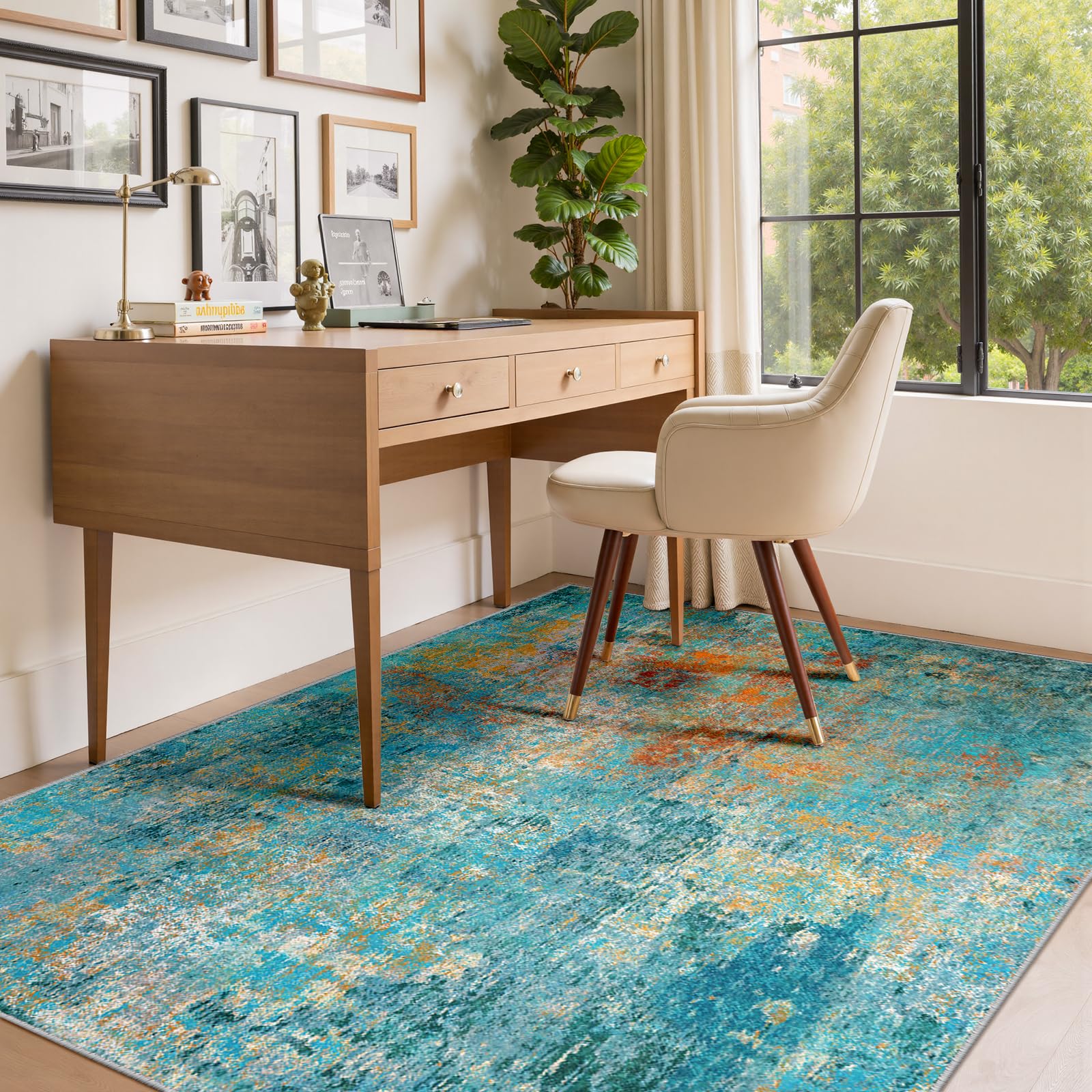 RELEANY Washable 6'x9' Abstract Area Rug for Living Room Teal Multi