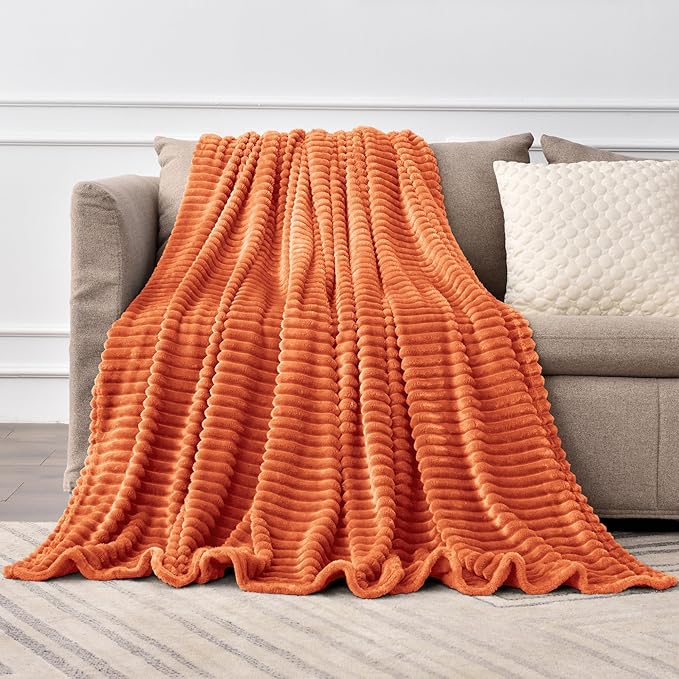 BEDELITE Ribbed Jacquard Burt Orange King Size Blanket for Bed, 108x90 Inch