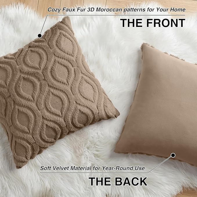 decorUhome Throw Pillow Covers 26x26 Inch Set of 2, Soft Plush Faux Wool Light Brown Solid Couch Pillow Covers, Accent Euro Sham Farmhouse Neutral Square Pillow Cases for Sofa Bed Living Room