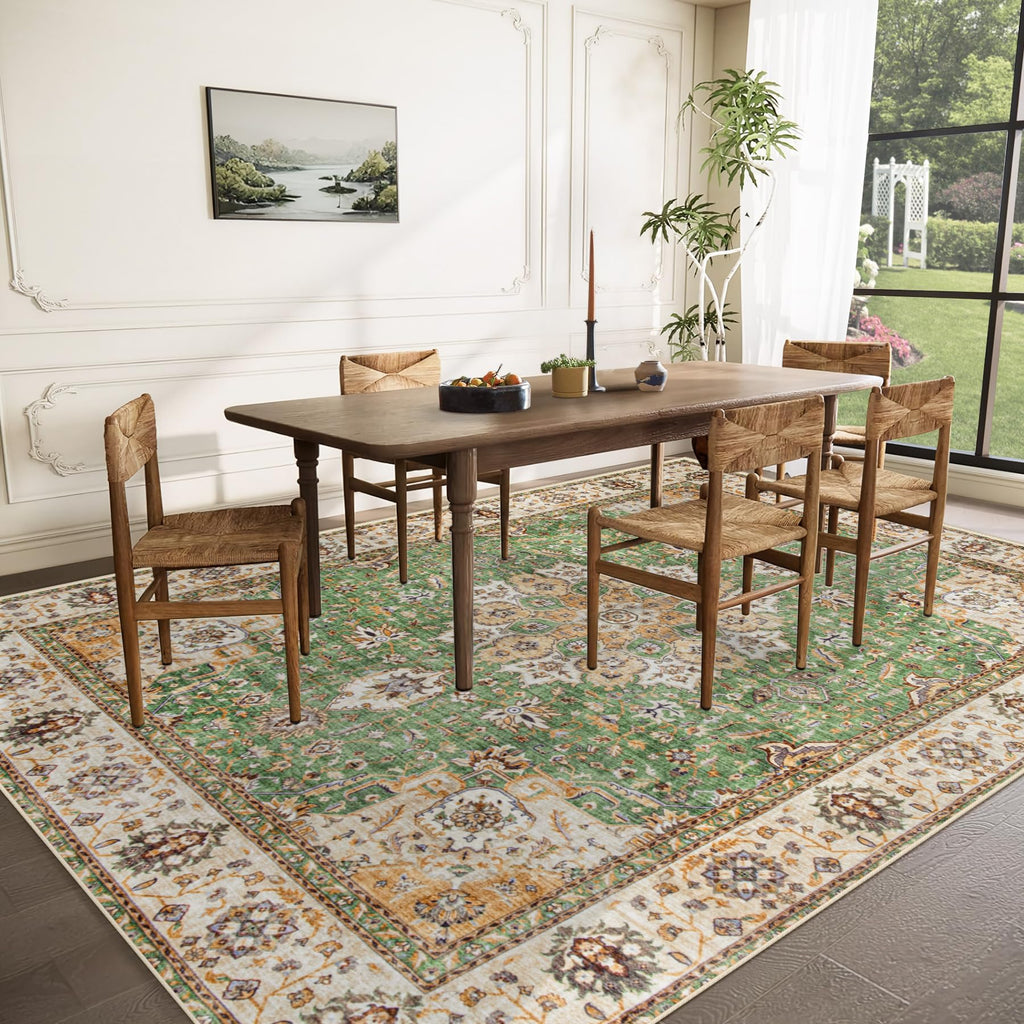 VECARF Area Rug 9x12 Washable Rug, Vintage Boho Medallion Rugs Non-Slip Soft Low Pile Large Distressed Rug Indoor Retro Carpet for Living Room Bedroom Dining Room Home Office (Vintage Green, 9'x12')