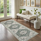 Hallway Runner Rug Non Slip - Washable 2.6x8 Kitchen Rugs for Living Room, Low-Pile Soft Bedroom Rug Indoor Floor Stain Resistant Carpets for Entryway, Laundry, Bathroom Green Ivory