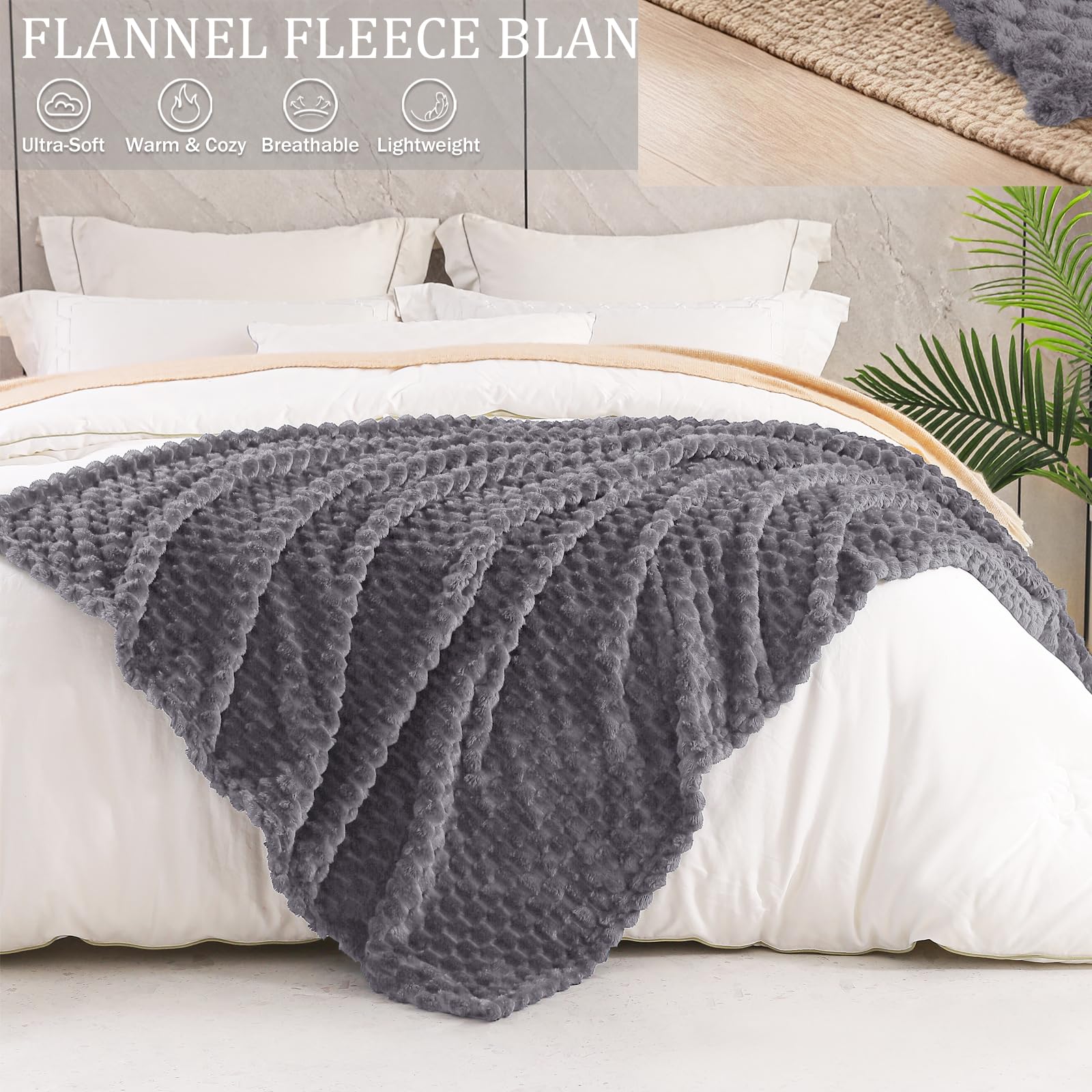 Exclusivo Mezcla 3D Fleece California King Blanket for Bed, Grey
