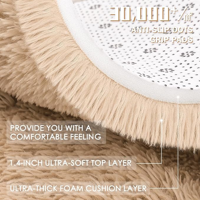 OLANLY 5x5 Area Rugs for Living Room Bedroom, Machine Washable Soft Fluffy Shaggy Bedside Rug, Indoor Floor Carpet for Kids Girls and Boys, Dorms, Nursery Rooms, Home Decor Aesthetic, Beige