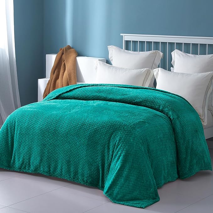 Exclusivo Mezcla Fleece Queen Size Blanket for Bed, 90x90 Inches Soft Cozy Jacquard Flannel Blankets, Lightweight Fuzzy Plush for Women, Teal