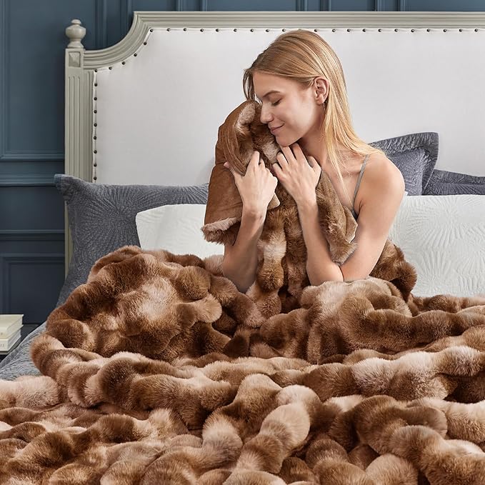 Cozy Bliss Faux Fur Throw Blanket for Couch, Fuzzy Soft Plush Thick Bubble Blanket for Sofa Bedroom Living Room, 50 * 60 Inches Tie Dye Brown