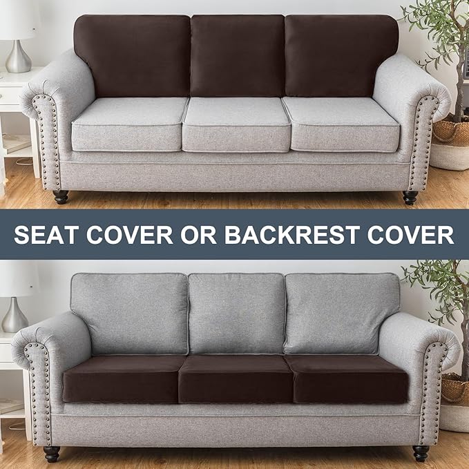 Taque Couch Cover Stretch Velvet Sofa Cushion Cover 2-Piece - Elastic Washable Slipcover for Seat or Backrest, Couch Seat Covers for Sofas (Coffee)