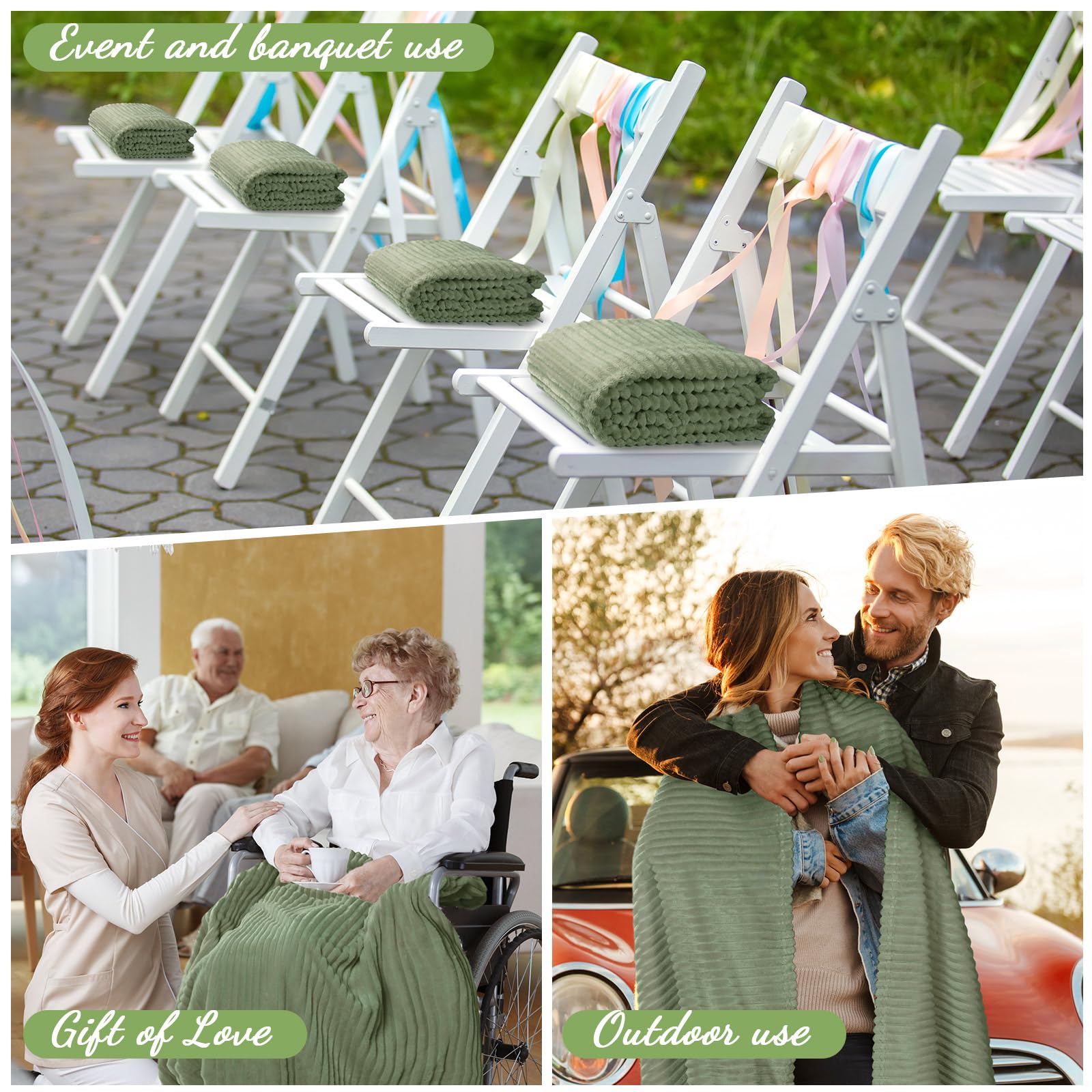Buryeah 12 Pcs Flannel Throw Blanket Bulk 50 x 60 Inch Wedding Throw Blanket Soft Lightweight Winter Blankets with Striped Ribbed for Sofa Room Couch Donation Homeless Gifts (Sage Green)