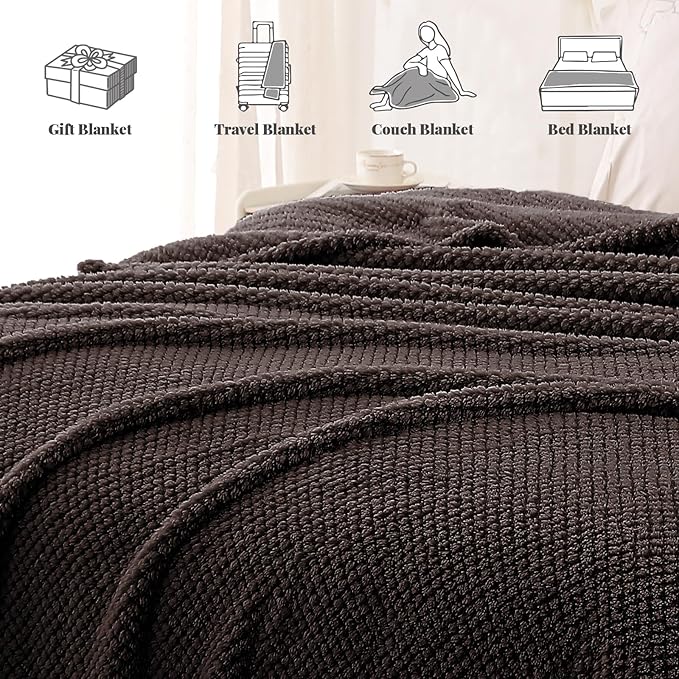 Whale Flotilla Twin Size Fuzzy Fleece Blanket, Fluffy Warm Soft Jacquard Bed Blankets for All Season, Lightweight and Cozy, 60x80 Inch, Coffee