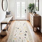 3x7 Washable Kitchen Runner Rug - Soft Low Pile Floral Animal Cat Print Rugs with Non-Slip Backing Waterproof Stain-Resistant Indoor Carpet for Hallway Entryway Bathroom Bedroom (Light Beige)