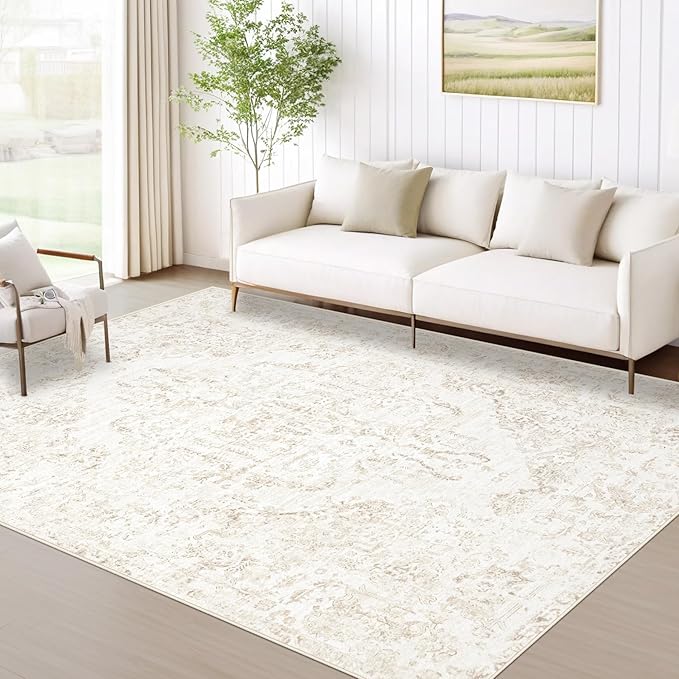 5x7 Area Rugs for Living Room: Washable Rug Vintage Large Rugs Soft Non Slip Low Pile Rug Floral Distressed Floor Carpet for Bedroom Kitchen Nursery Dining Room Home Office (Beige, 5'x7')
