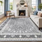 Lofus 9x12 Area Rugs for Living Room, Machine Washable Non-Slip Area Rug, Low Pile Large Rugs for Bedroom, Kitchen, Dining Room, Home Office, Vintage Oriental Print Rug, Light Grey with White