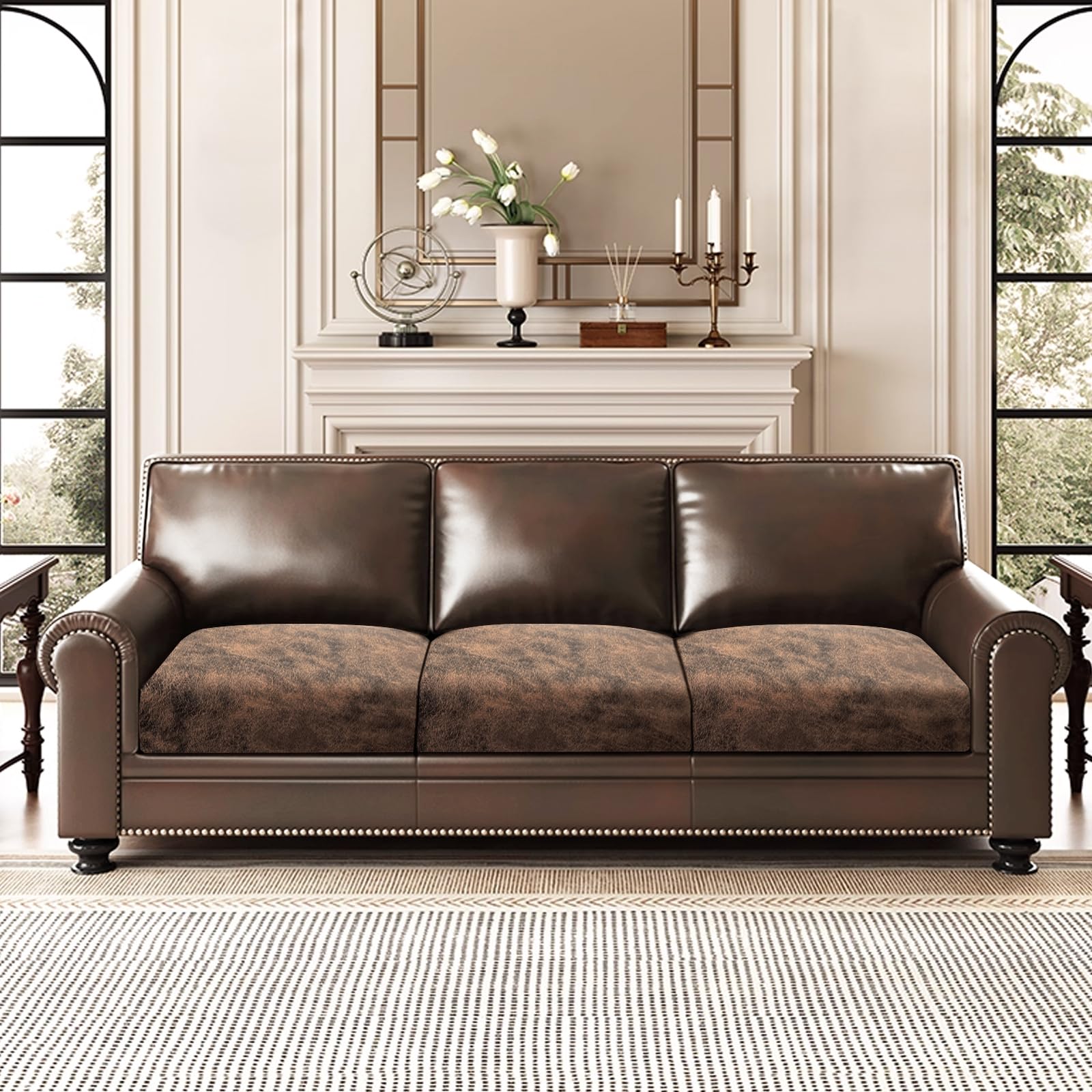 ANARACHON Leather Look Couch Cushion Covers Sofa Seat Slipcovers Sets Couches Furniture Protector for Sectional Armchair Loveseat Pets Kids Stretch Spandex Fabric (3 Cushion XL Sofa, Dark Brown)