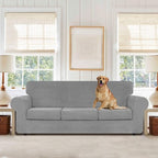 WEERRW 4 Pieces Velvet High Stretch Couch Covers for 3 Cushion Couch Sofa Slipcovers, Washable Furniture Protector with Non Slip Elastic Bottom, Feature Soft and Thick Plush Fabric, Silver Grey, Large