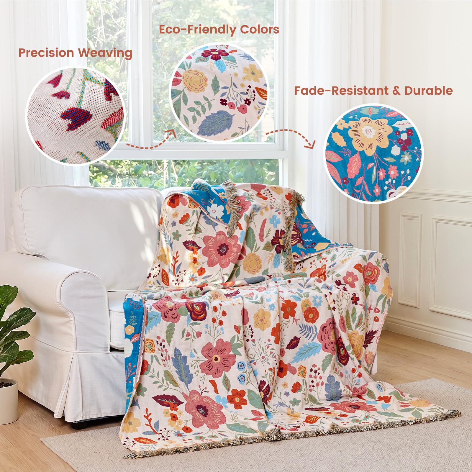 MSGKV Boho Throw Blanket 50"x60" Summer Cotton Floral Blanket for Couch