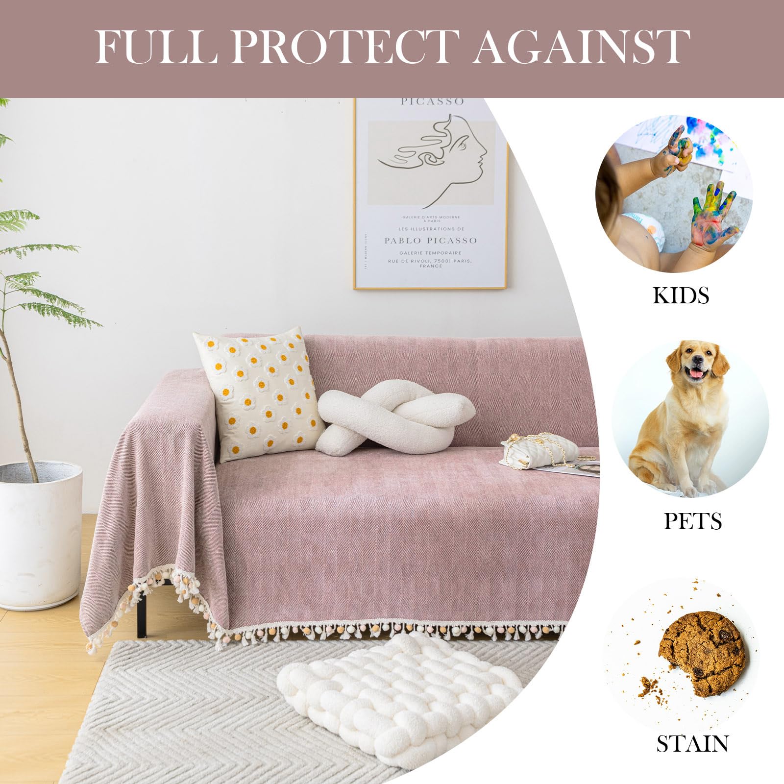 HANDONTIME Soild Couch Covers for Dogs Pink-Purple Sofa Covers Boho Cover for Sofa 3 Seats Chenille Sofa Throw Cover Mauve Sofa Covers for 3 Cushion Couch Tassel, Washable, Pet Friendly, 91" X150"