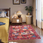 Area Rug 4x6 Rug Washable Boho Rugs Non Slip Low Pile Floral Small Carpet for Bedroom, Bedside, Kids Room, Office, Dining Room(Red Garden, 4 x 6)