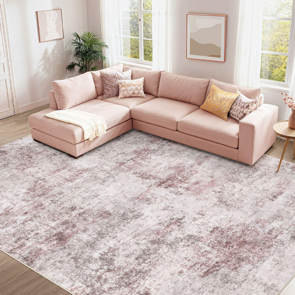 UERMEI 8x10 Washable Area Rug - Neutral Modern Abstract Living Room Rugs, Non-Slip Soft Large Indoor Floor Carpet for Bedroom Home Office & Under Dining Table Decor, Pink Grey