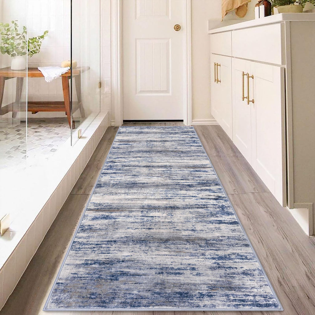 KOZYFLY 3x8 Ft Rug Modern Ombre Runner Rug for Hallway, Washable Kitchen Rugs Non-Slip Soft Striped Entryway Rug, Print Grey-Blue Abstract Carpet for Laundry Nursery