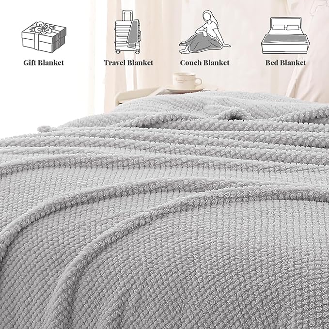 Whale Flotilla Queen Size Fuzzy Fleece Blanket for Bed, 90x90 Inch Fluffy Warm Soft Jacquard Blankets for All Season, Lightweight and Cozy, Light Grey