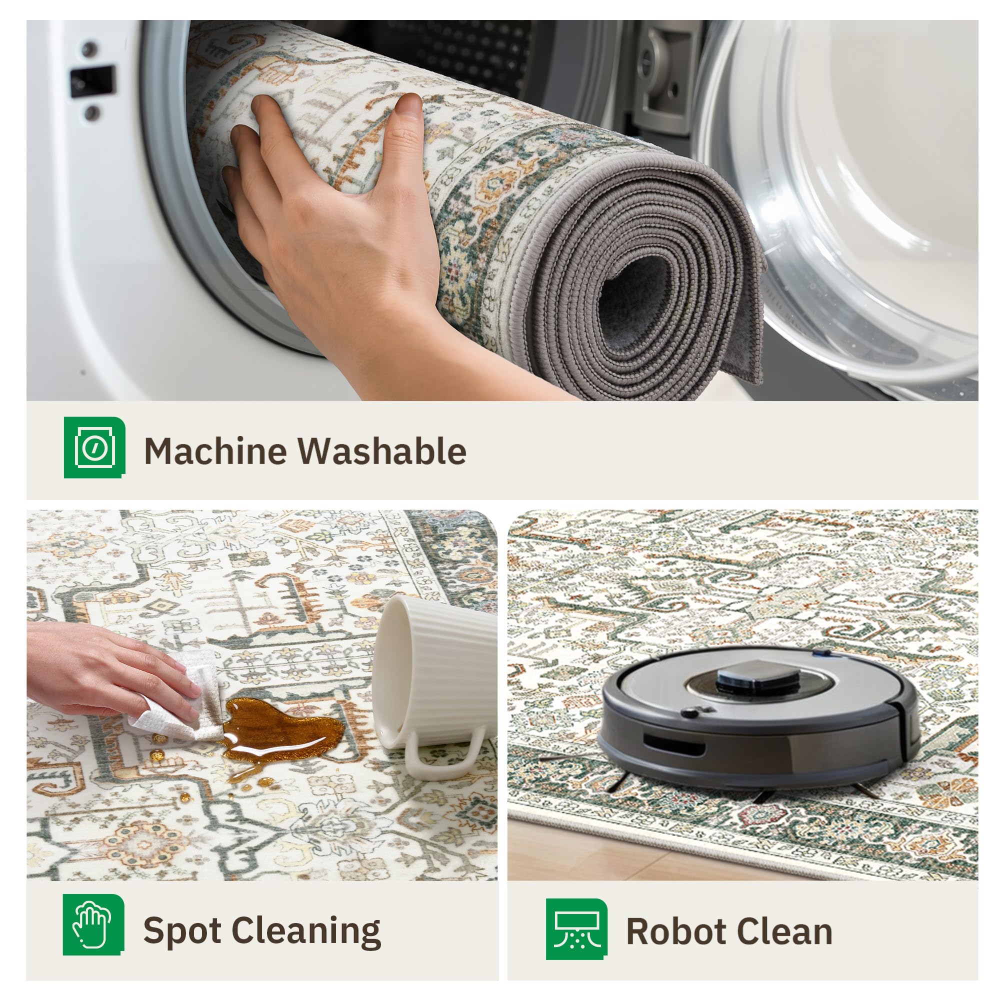 Washable 2x3 Entryway Area Rug - Small Non Slip Vintage Kitchen Runner Rugs Indoor Entrance Soft Neutral Stain Resistant Bathroom Mat Farmhouse Carpet for Bedroom Living Room Entry Laundry 2'x3' Green