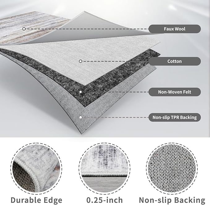 3x15 Washable Runner Rug for Hallway: Long Runners for Entryway Living Room Dining Room - Stain and Water Resistant Rugs with Non-Slip Backing - Soft Low-Pile Carpet Beige Grey