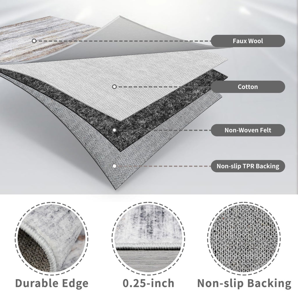 3x12 Washable Hallway Runner Rug: Extra Long Runners for Entryway Living Room Dining Room - Stain and Water Resistant Rugs with Non-Slip Backing - Soft Low-Pile Carpet 12ft Beige Grey