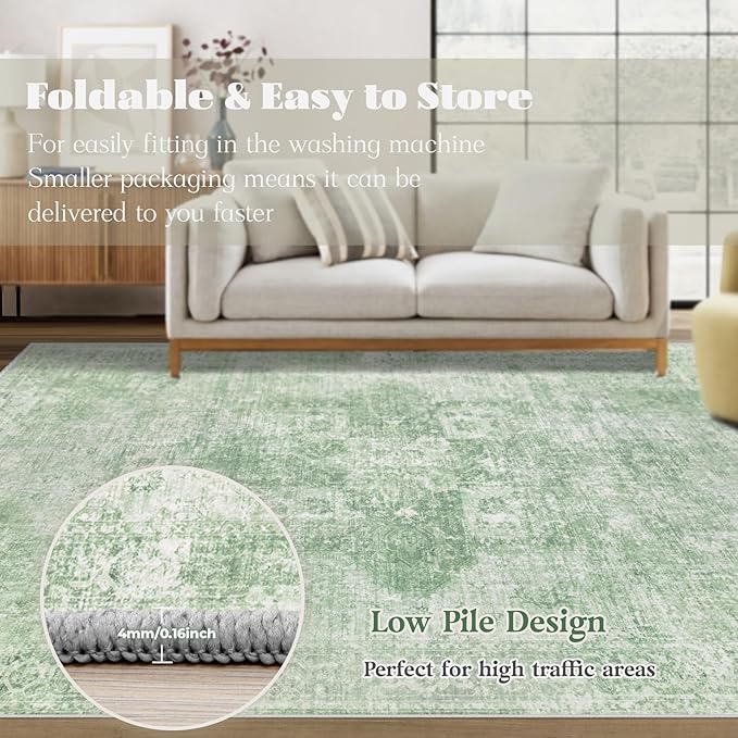 Area Rug 6x9 Washable Rug, Vintage Boho Medallion Rugs Non-Slip Soft Low Pile Large Distressed Rug Indoor Retro Carpet for Living Room Bedroom Dining Room Home Office (SageGreen, 6'x9')