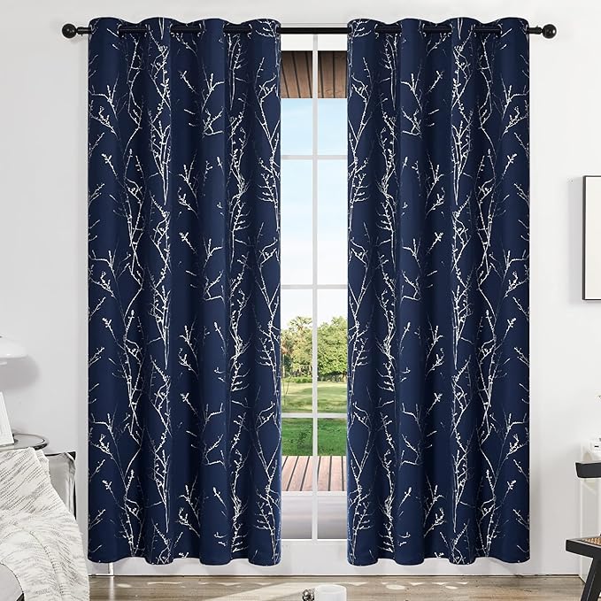 Deconovo Blackout Curtains, Navy Blue Curtain, Thermal Insulated Soundproof Drapes, Branch Silver Print, 52 x 108 Inch Long, Machine Washable Grommet Panels for Sliding Door Bedroom Home, Set of 2