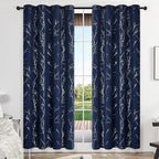 Deconovo Navy Blue Blackout Curtains, Living Room Curtain, Thermal Insulated Soundproof Drapes, Branch Silver Print, 52 x 84 Inch Long, Grommet Panels for Bedroom Office Nursery Home Decor, Set of 2