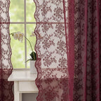 YJ YANJUN Vintage Lace Curtains 84 Inches Long- Elegant Floral Maroon Sheer Curtains Timeless Christmas Burgundy Drapes for Living Room Bedroom Privacy 7 FT 52W x 84L (Set of 2) Deep Merlot
