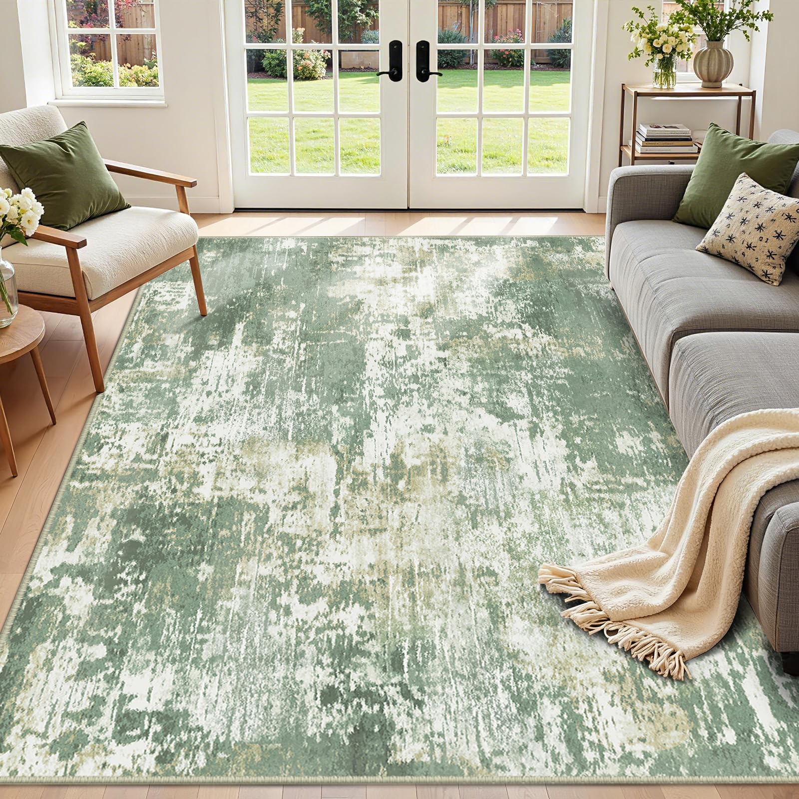 RELEANY Washable 2'x3' Abstract Area Rug for Living Room Light Green