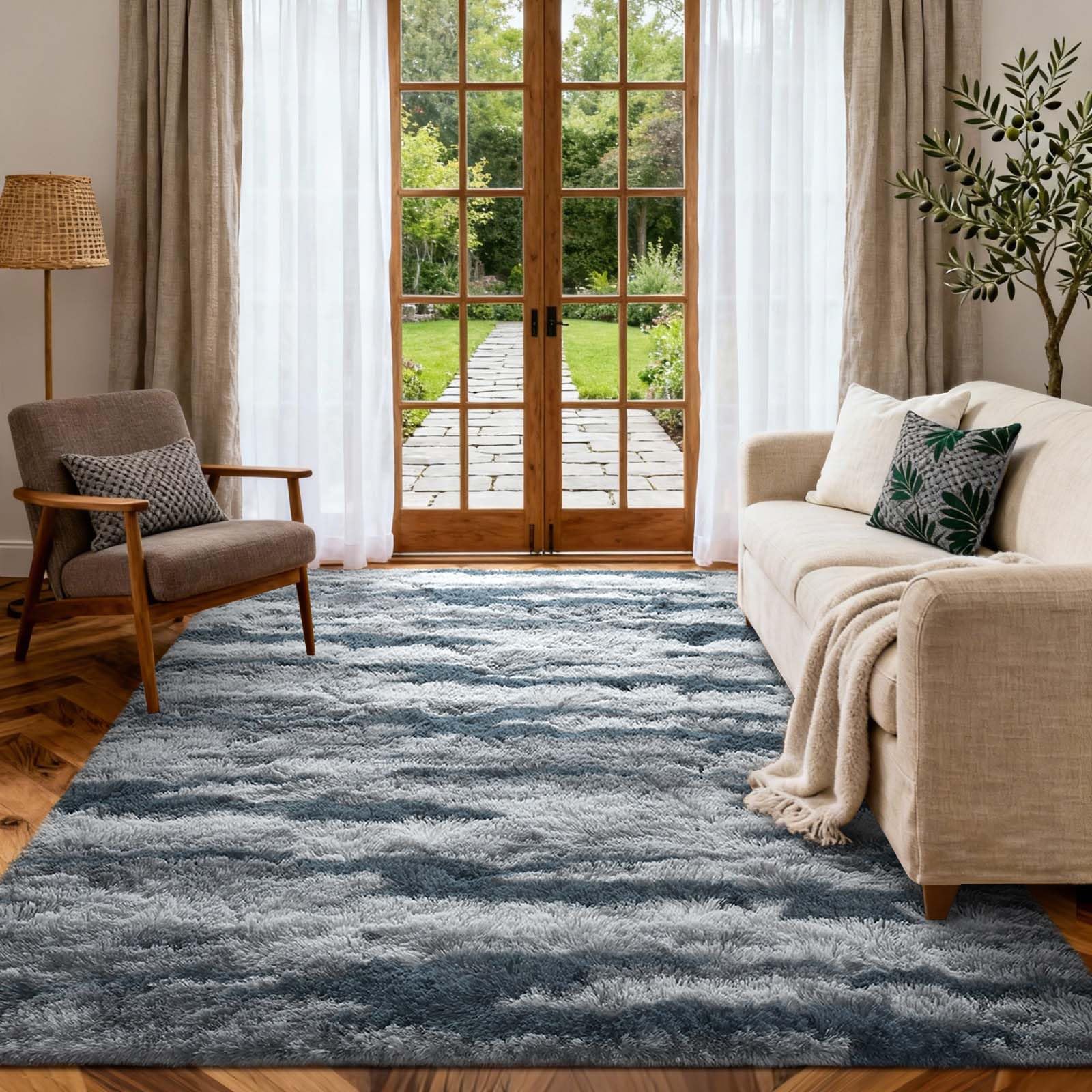 5x7 Ft Large Shag Rugs for Bedroom Living Room for Men Boys, Tie Dyed Ultra Soft Fluffy Furry Area Rug for Indoor Floor, Aesthetic Carpet for Home Decor (Blue)