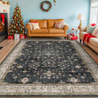 Black Farmhouse Washable 8x10 Area Rugs for Living Room, Bedroom, Dining Room Kitchen Table Rug for Under Table, Office, Dark Charcoal Tumble Stain Resistant Non-Slip Large Washable (8x10 Black/Multi)