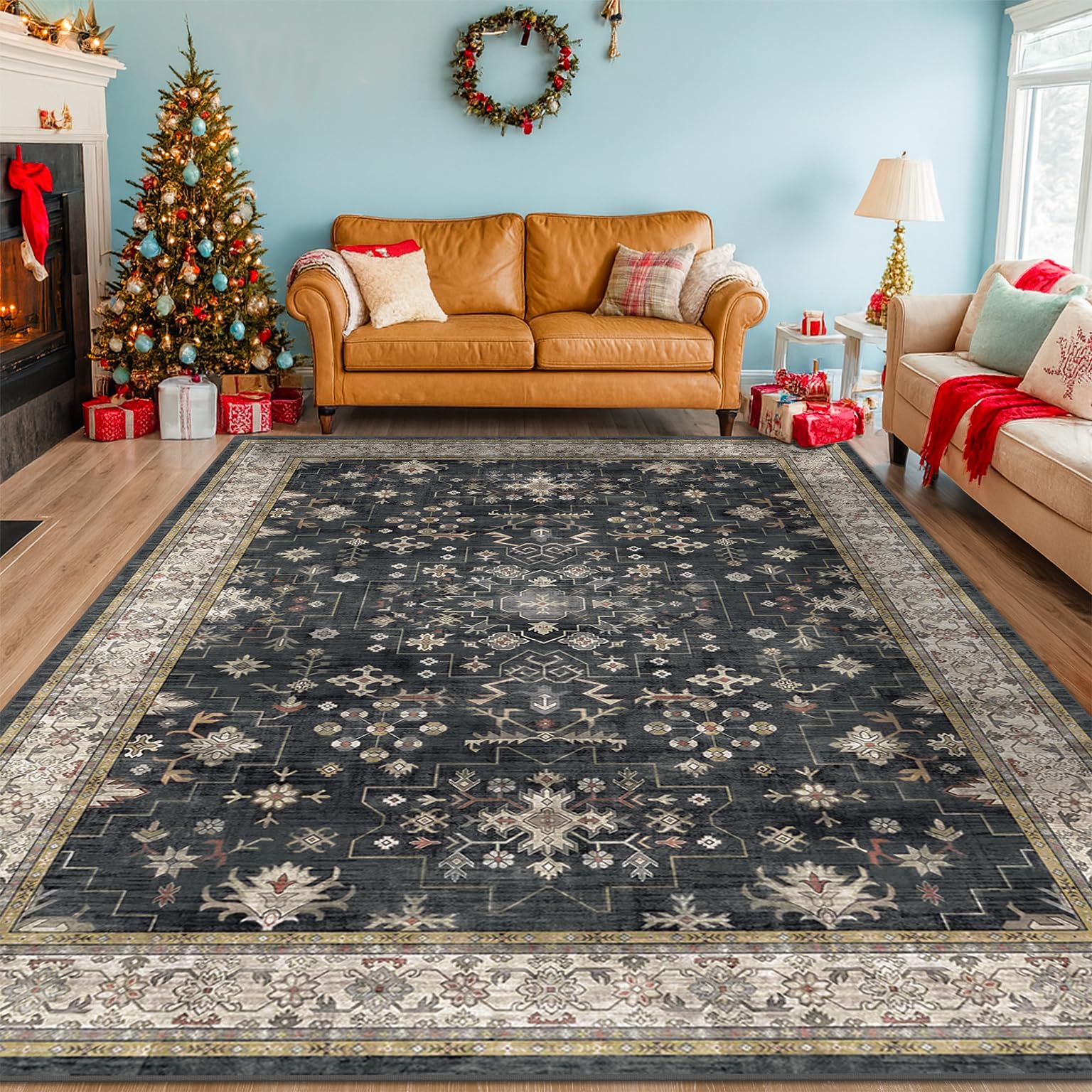 Black Farmhouse Washable 8x10 Area Rugs for Living Room, Bedroom, Dining Room Kitchen Table Rug for Under Table, Office, Dark Charcoal Tumble Stain Resistant Non-Slip Large Washable (8x10 Black/Multi)