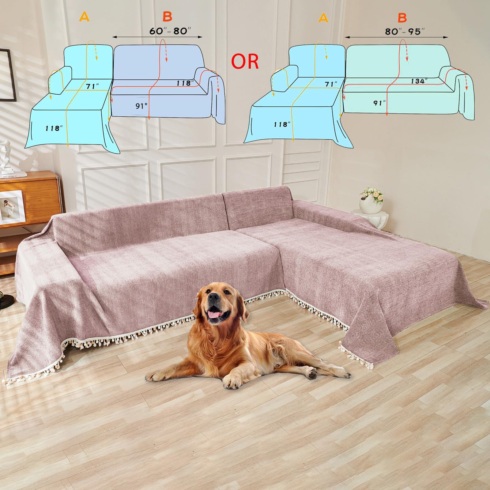 HANDONTIME Soild Couch Covers for Dogs Pink-Purple Sofa Covers Boho Cover for Sofa 3 Seats Chenille Sofa Throw Cover Mauve Sofa Covers for 3 Cushion Couch Tassel, Washable, Pet Friendly, 91" X150"