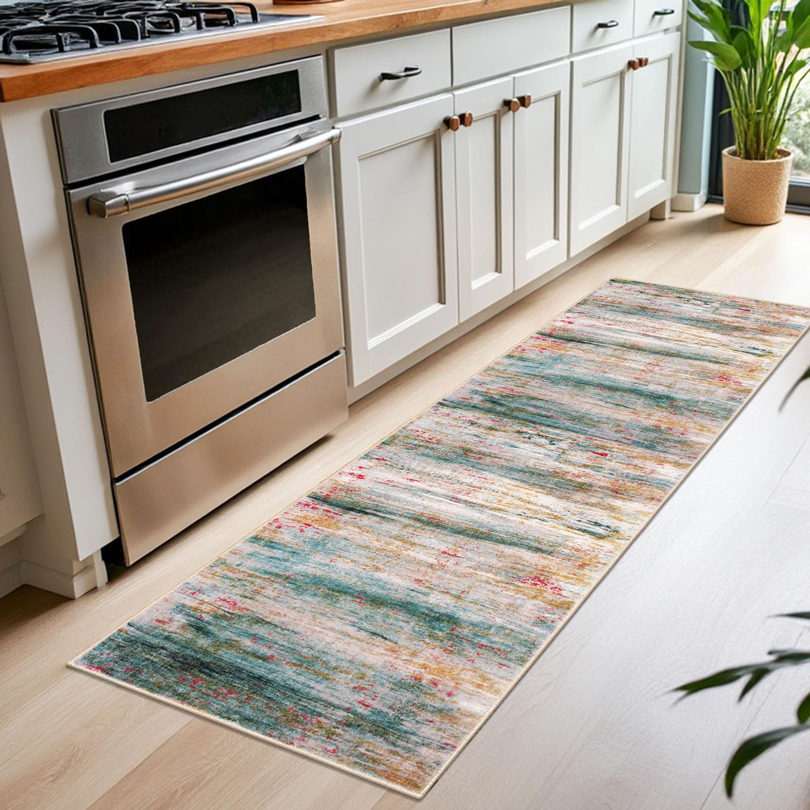 KOZYFLY Modern Abstract Kitchen Runner Rug, 2x6 Washable Rug Runner Non-Slip Soft Hallway Runner Rugs, Green Print Carpet Runner for Entryway Bathroom Laundry Room Foyer