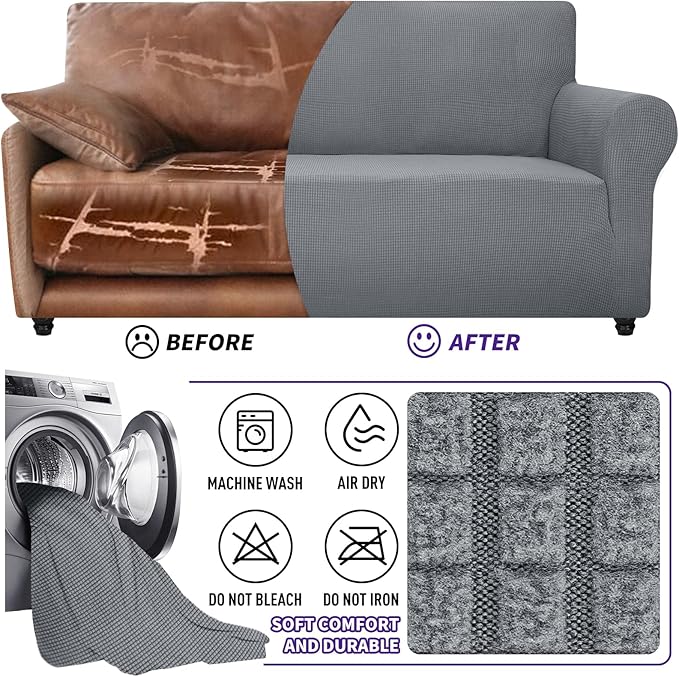 ZNSAYOTX Super Stretch Couch Cover (72"-92") Universal Sofa Covers with Elastic Bottom, Dog Cat Pets Friendly Washable Furniture Protector Fitted Sofa Slipcovers Stay in Place (Light Grey, Sofa)