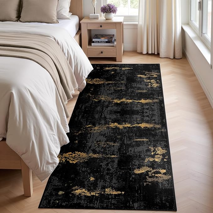 RELEANY Washable Runner 2'x6' Abstract Area Rug for Hallway Black Gold