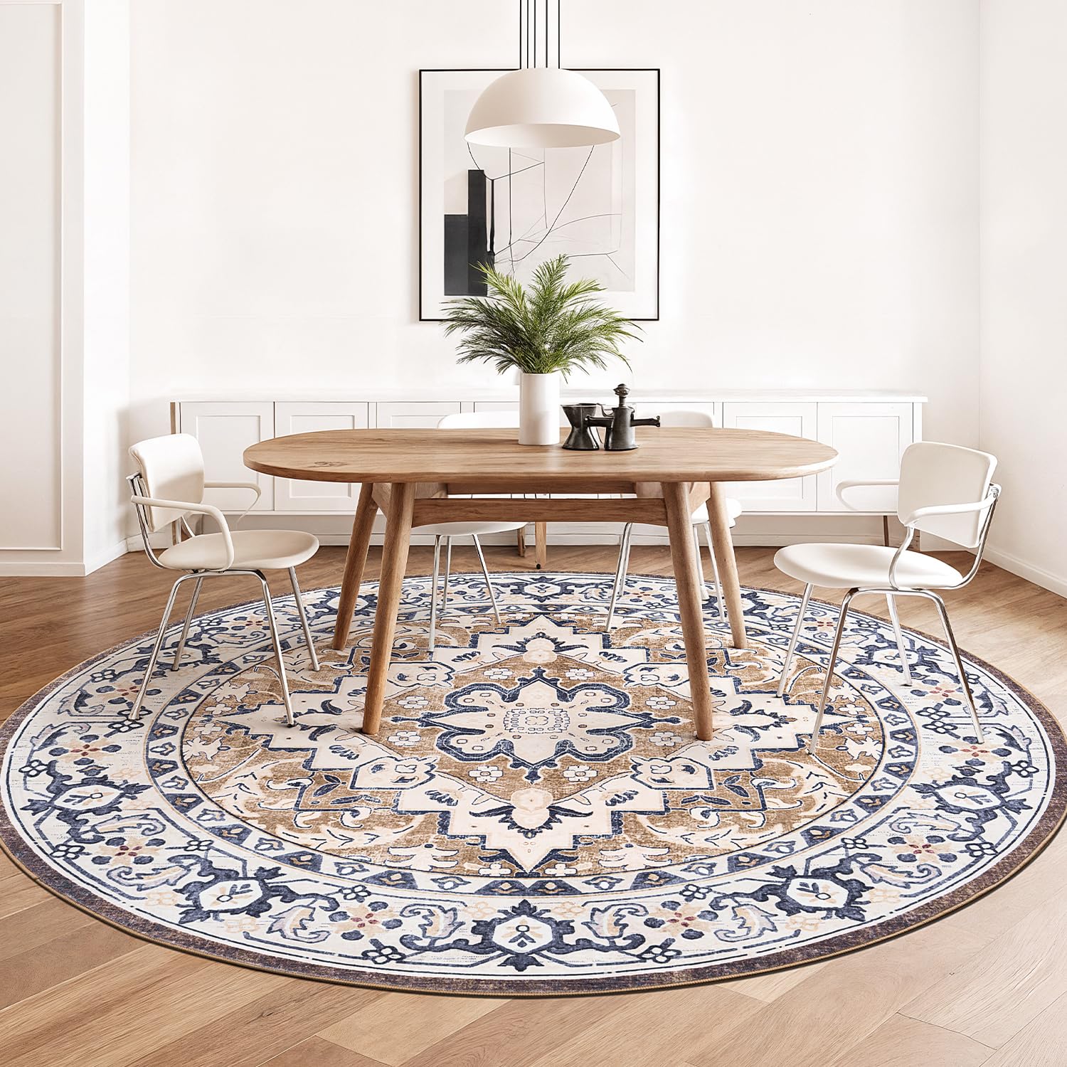 Lofus 6ft Round Area Rugs for Living Room, Vintage Boho Carpet Floral Brown