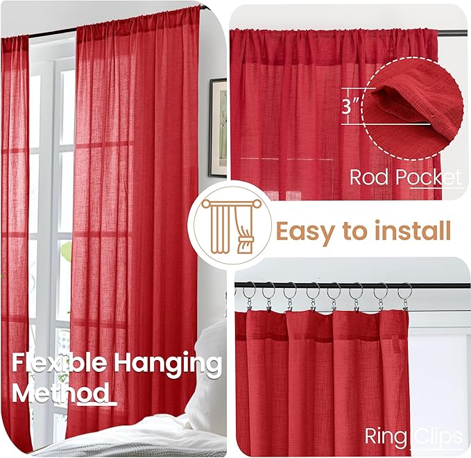 BGment Red Linen Curtains 90 Inch Length for Living Room, Long Semi Sheer Window Drapes Textured for Farmhouse Bedroom Dining with Rod Pocket Lightweight, 2 Panels Set, Each 52 Inch Wide